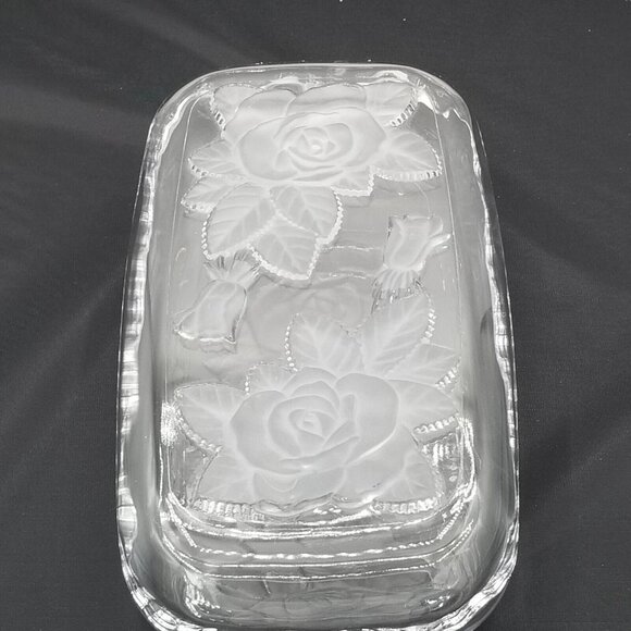 Home Beautiful Crystal Glass Rectangular Dish Frosted Roses Lid Trinket Japan - Picture 4 of 11